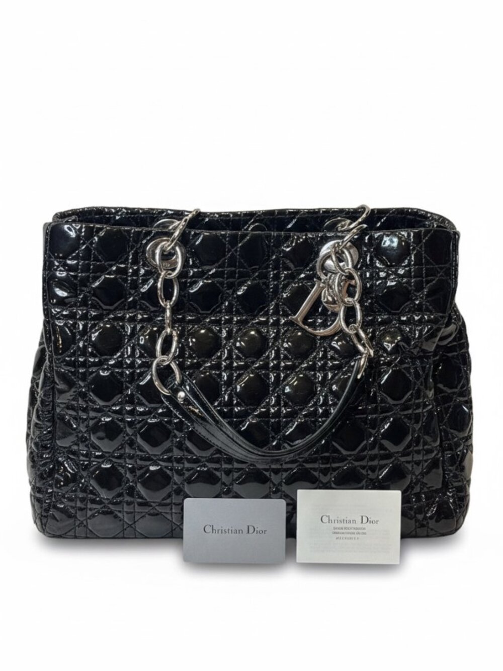 Christian DIOR Large Soft Shopping Tote Black Patent Cannage Chain + OG Cards
